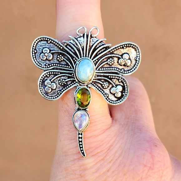 New Dragonfly Multi Gemstone 925 Silver Ring. - Picture 10 of 16
